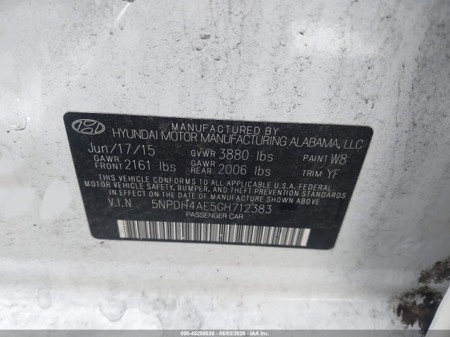 2016 Hyundai Elantra Se მანქანა იყიდება აუქციონზე, vin: 5NPDH4AE5GH712383, აუქციონის ნომერი: 45288538