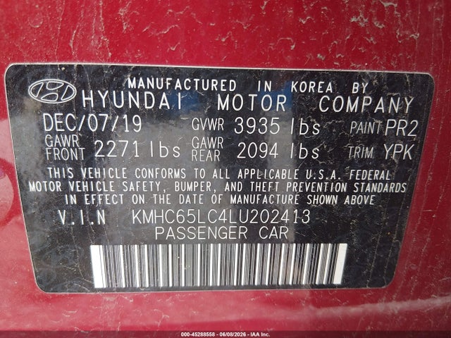 2020 Hyundai Ioniq Hybrid Blue მანქანა იყიდება აუქციონზე, vin: KMHC65LC4LU202413, აუქციონის ნომერი: 45288558
