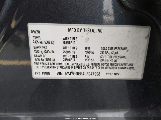 Aukcja sprzedaży 2020 Tesla Model Y Long Range Dual Motor All-wheel Drive, vin: 5YJYGDEE4LF047998, numer aukcji: 45288582