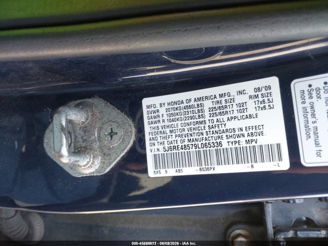 45288617 :رقم المزاد ، 5J6RE48579L065336 vin ، 2009 Honda Cr-v Ex مزاد بيع