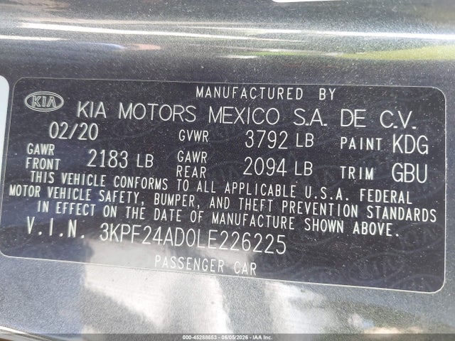3KPF24AD0LE226225 KIA Forte Lxs
