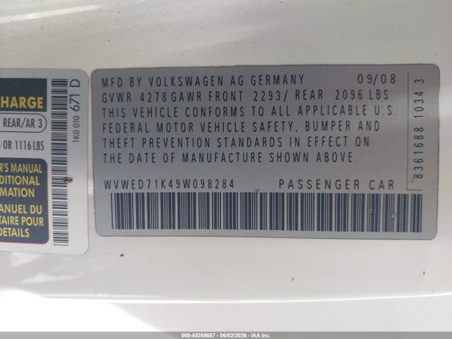 45288687 :رقم المزاد ، WVWED71K49W098284 vin ، 2009 Volkswagen Gti 2-door مزاد بيع