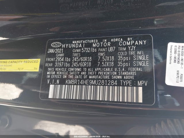 Aukcja sprzedaży 2021 Hyundai Palisade Se, vin: KM8R14HE9MU281284, numer aukcji: 45288690