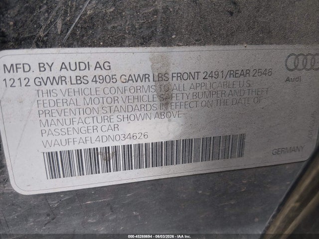 45288694 :رقم المزاد ، WAUFFAFL4DN034626 vin ، 2013 Audi A4 2.0t Premium مزاد بيع