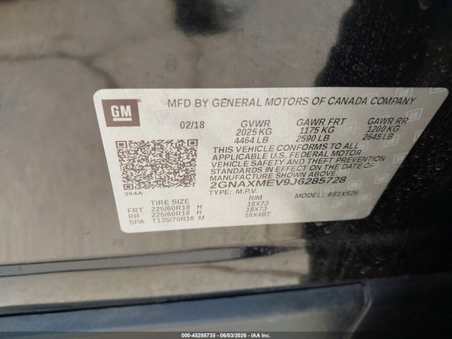 Aukcja sprzedaży 2018 Chevrolet Equinox Premier, vin: 2GNAXMEV9J6285728, numer aukcji: 45288735