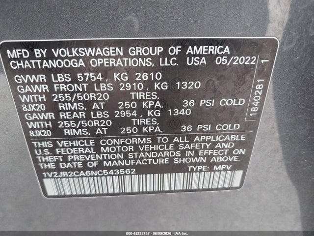 Aukcja sprzedaży 2022 Volkswagen Atlas 3.6l V6 Se W/technology, vin: 1V2JR2CA6NC543562, numer aukcji: 45288747