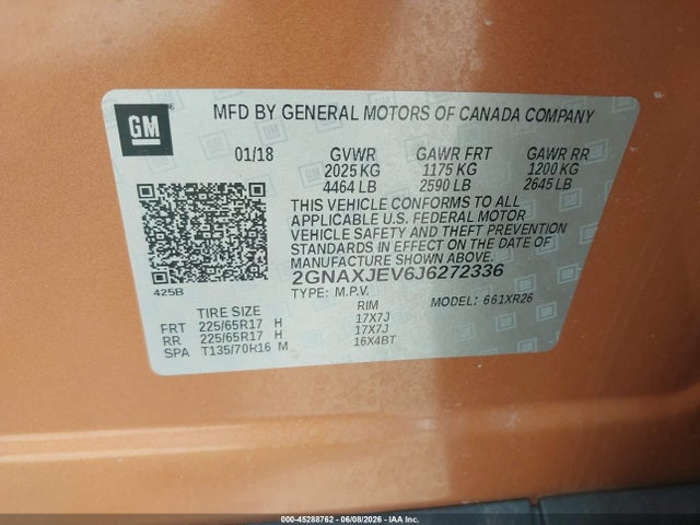 Продажа на аукционе авто 2018 Chevrolet Equinox Lt, vin: 2GNAXJEV6J6272336, номер лота: 45288762