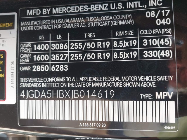 45288766 :رقم المزاد ، 4JGDA5HBXJB014619 vin ، 2018 Mercedes-benz Gle 350 4matic مزاد بيع