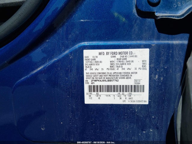 45288787 :رقم المزاد ، 2FMPK4J95LBB57762 vin ، 2020 Ford Edge Sel مزاد بيع