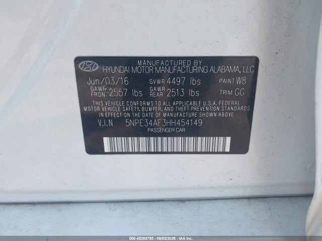 Aukcja sprzedaży 2017 Hyundai Sonata Limited, vin: 5NPE34AF3HH454149, numer aukcji: 45288790