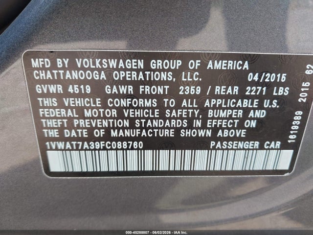 45288807 :رقم المزاد ، 1VWAT7A39FC088760 vin ، 2015 Volkswagen Passat 1.8t Limited Edition مزاد بيع