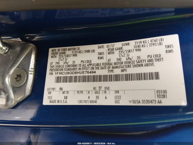 45288811 :رقم المزاد ، 1FMCU9GD8HUE76494 vin ، 2017 Ford Escape Se مزاد بيع