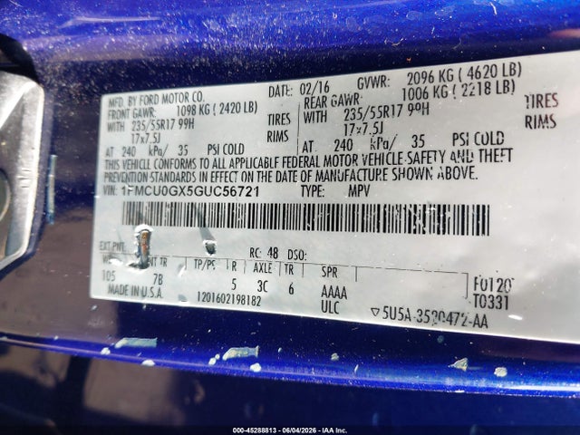 2016 Ford Escape Se მანქანა იყიდება აუქციონზე, vin: 1FMCU0GX5GUC56721, აუქციონის ნომერი: 45288813