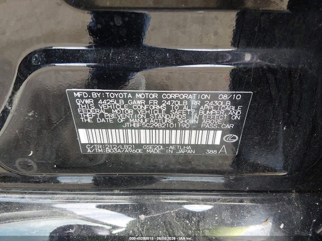 Продажа на аукционе авто 2011 Lexus Is 250, vin: JTHBF5C29B2101190, номер лота: 45288815