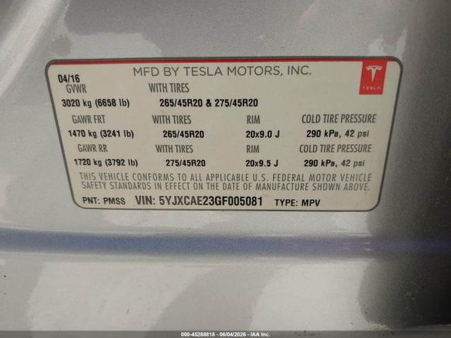Auction sale of the 2016 Tesla Model X 60d/70d/75d/90d, vin: 5YJXCAE23GF005081, lot number: 45288818