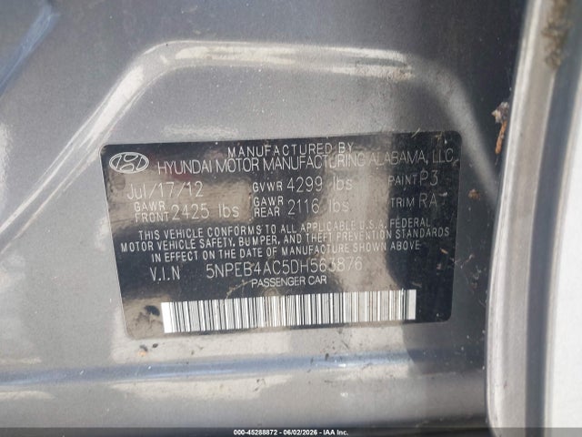 2013 Hyundai Sonata Gls მანქანა იყიდება აუქციონზე, vin: 5NPEB4AC5DH563876, აუქციონის ნომერი: 45288872