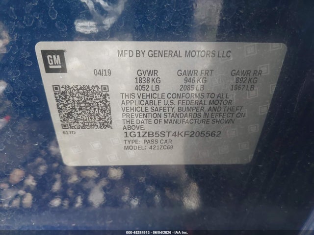 Aukcja sprzedaży 2019 Chevrolet Malibu 1ls, vin: 1G1ZB5ST4KF205562, numer aukcji: 45288913