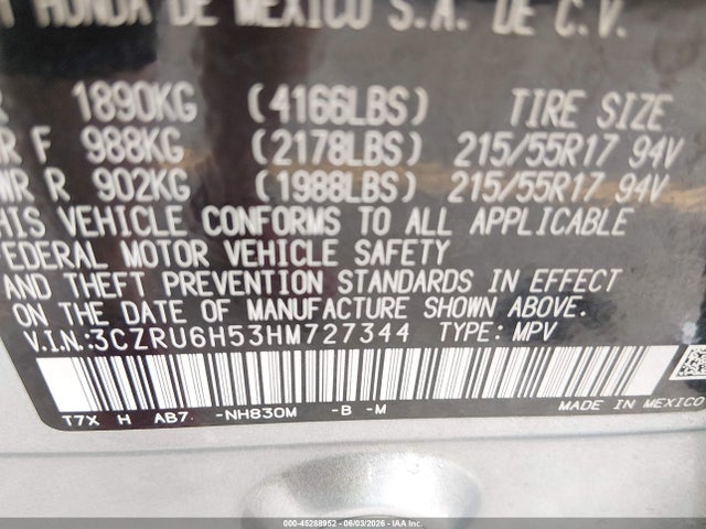 2017 Honda Hr-v Ex მანქანა იყიდება აუქციონზე, vin: 3CZRU6H53HM727344, აუქციონის ნომერი: 45288952