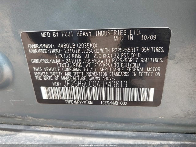 Aukcja sprzedaży 2010 Subaru Forester 2.5x Premium, vin: JF2SH6CC0AH743613, numer aukcji: 45288966