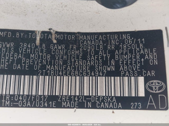 45288970 :رقم المزاد ، 2T1BU4EE6BC634947 vin ، 2011 Toyota Corolla S مزاد بيع