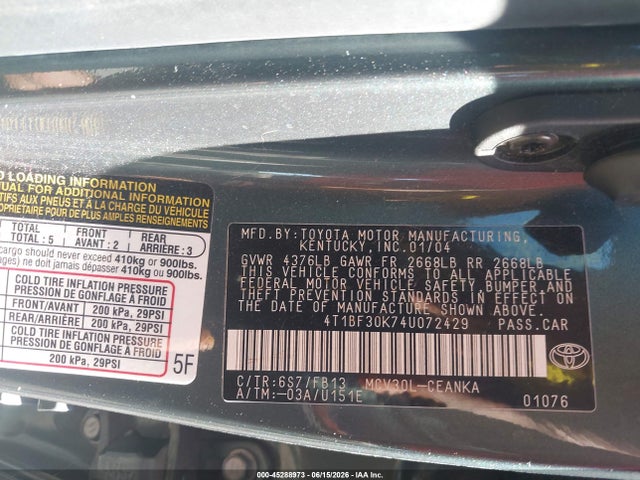 45288973 :رقم المزاد ، 4T1BF30K74U072429 vin ، 2004 Toyota Camry Le V6 مزاد بيع