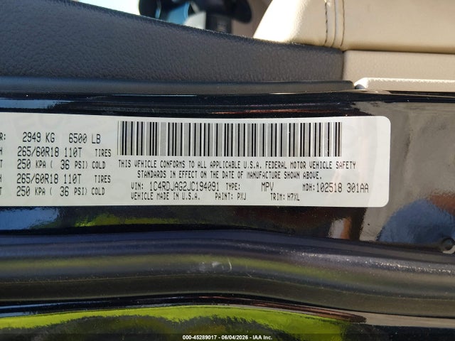 45289017 :رقم المزاد ، 1C4RDJAG2JC194091 vin ، 2018 Dodge Durango Sxt Awd مزاد بيع