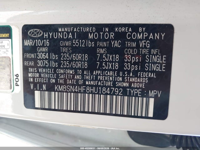 Продажа на аукционе авто 2017 Hyundai Santa Fe Se, vin: KM8SN4HF8HU184792, номер лота: 45289031