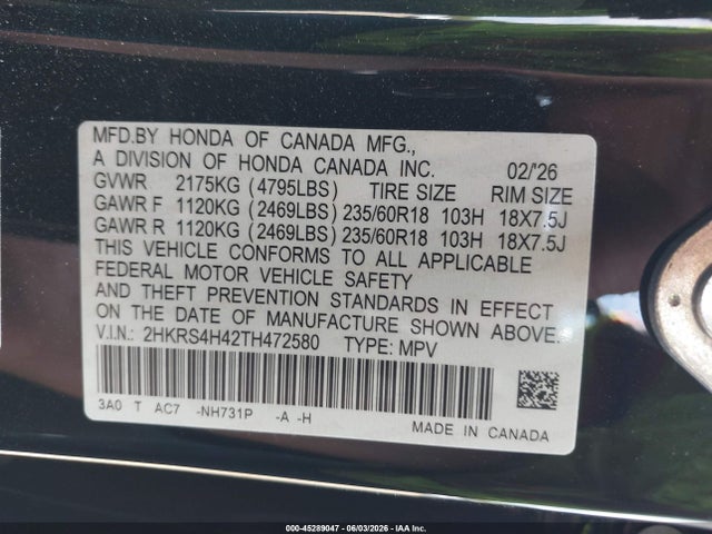 45289047 :رقم المزاد ، 2HKRS4H42TH472580 vin ، 2026 Honda Cr-v Ex Awd مزاد بيع