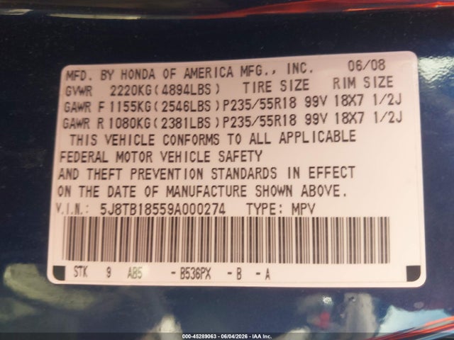 Aukcja sprzedaży 2009 Acura Rdx, vin: 5J8TB18559A000274, numer aukcji: 45289063