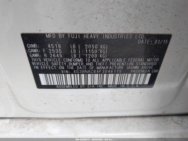 Продаж на аукціоні авто 2015 Subaru Legacy 2.5i Premium, vin: 4S3BNAC64F3046115, номер лоту: 45289070