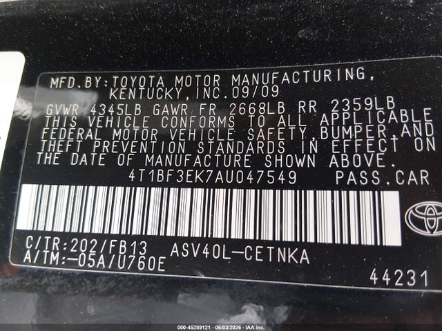 45289121 :رقم المزاد ، 4T1BF3EK7AU047549 vin ، 2010 Toyota Camry Le مزاد بيع