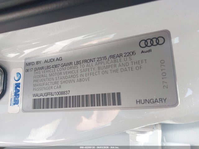 Aukcja sprzedaży 2018 Audi A3 2.0t Premium/2.0t Tech Premium, vin: WAUAUGFF8J1008837, numer aukcji: 45289130