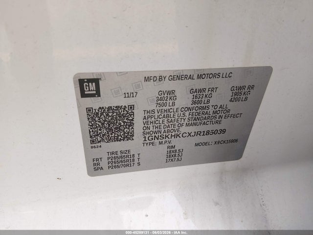 Продаж на аукціоні авто 2018 Chevrolet Suburban Lt, vin: 1GNSKHKCXJR185039, номер лоту: 45289131
