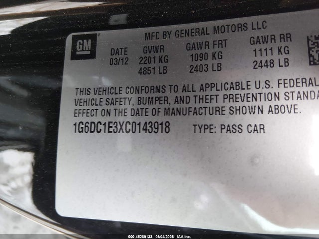 45289133 :رقم المزاد ، 1G6DC1E3XC0143918 vin ، 2012 Cadillac Cts Standard مزاد بيع
