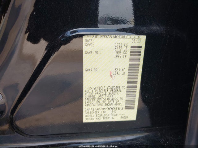 45289136 :رقم المزاد ، 1N4AB7AP7DN900363 vin ، 2013 Nissan Sentra Sv مزاد بيع