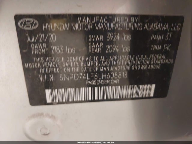 Продажа на аукционе авто 2020 Hyundai Elantra Se, vin: 5NPD74LF6LH608813, номер лота: 45289143