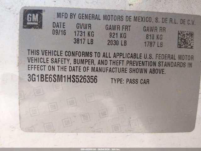 Продаж на аукціоні авто 2017 Chevrolet Cruze Lt Auto, vin: 3G1BE6SM1HS526356, номер лоту: 45289156