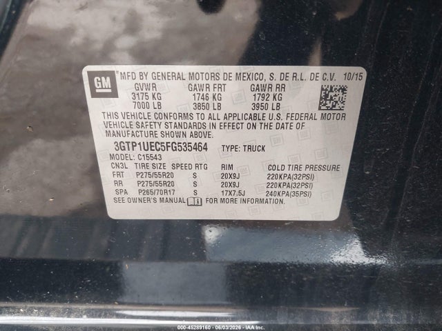 45289160 :رقم المزاد ، 3GTP1UEC5FG535464 vin ، 2015 Gmc Sierra 1500 Sle مزاد بيع