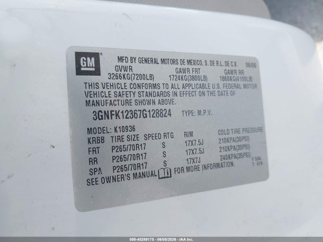 Aukcja sprzedaży 2007 Chevrolet Avalanche 1500 Lt, vin: 3GNFK12367G128824, numer aukcji: 45289175