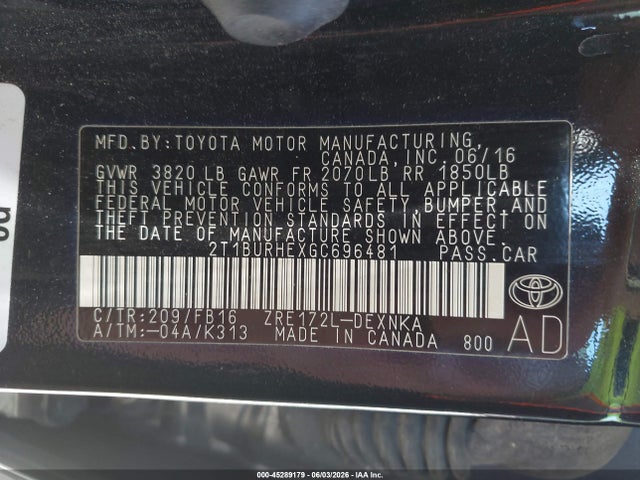 2016 Toyota Corolla Le მანქანა იყიდება აუქციონზე, vin: 2T1BURHEXGC696481, აუქციონის ნომერი: 45289179