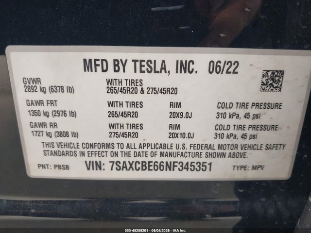 Продажа на аукционе авто 2022 Tesla Model X Plaid Tri Motor All-wheel Drive, vin: 7SAXCBE66NF345351, номер лота: 45289201