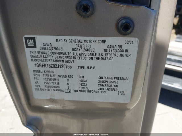 Продажа на аукционе авто 2002 Chevrolet Suburban 1500 Ls, vin: 1GNFK16Z92J120755, номер лота: 45289208