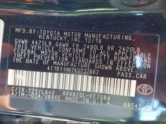 4T1B11HK7KU727662 Toyota CAMRY XLE