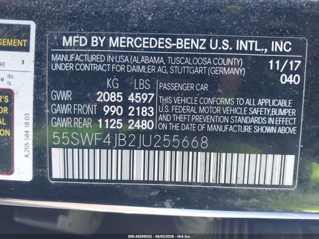 Продаж на аукціоні авто 2018 Mercedes-benz C 300, vin: 55SWF4JB2JU255668, номер лоту: 45289252