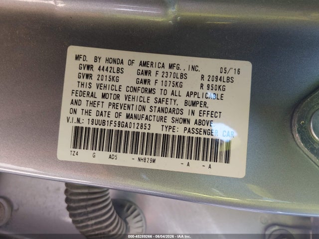 45289266 :رقم المزاد ، 19UUB1F59GA012853 vin ، 2016 Acura Tlx Tech مزاد بيع
