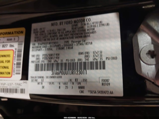 45289295 :رقم المزاد ، 3FA6P0UU1JR123011 vin ، 2018 Ford Fusion Hybrid S مزاد بيع