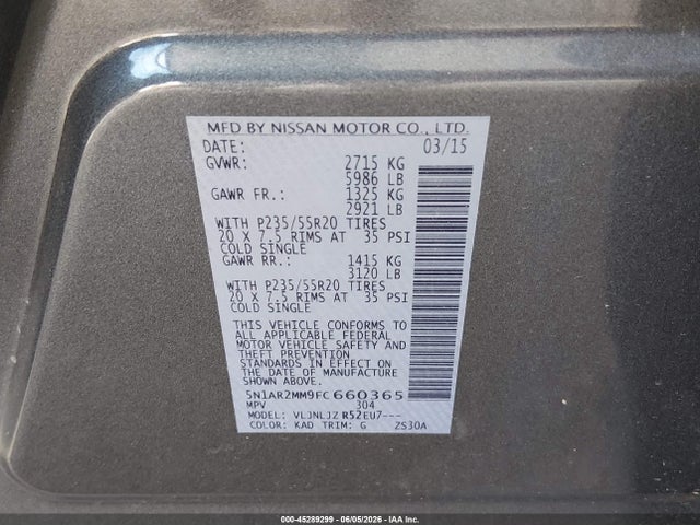 5N1AR2MM9FC660365 Nissan Pathfinder Platinum/s/sl/sv