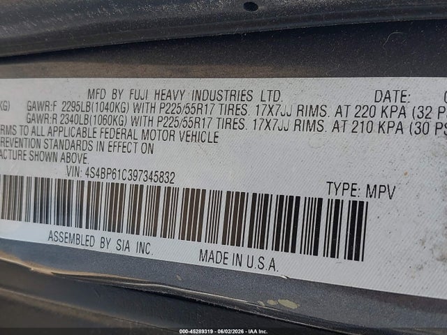 Aukcja sprzedaży 2009 Subaru Outback 2.5i, vin: 4S4BP61C397345832, numer aukcji: 45289319