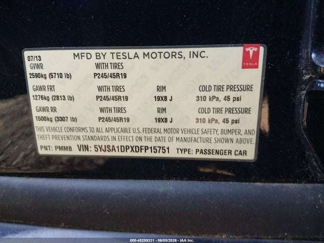 45289331 :رقم المزاد ، 5YJSA1DPXDFP15751 vin ، 2013 Tesla Model S Performance مزاد بيع