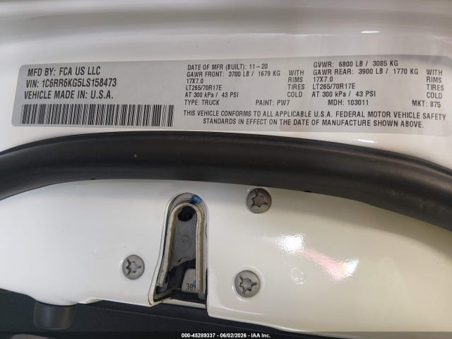 1C6RR6KG5LS158473 RAM 1500 Classic Tradesman 4x2 5&#039;7 Box